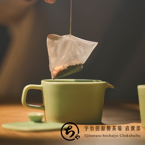 一只極簡風格的淡綠色美濃燒一人用茶壺，壺蓋置於前方桌面，上方懸空垂吊著一個裝有茶葉的透明三角濾茶袋，右下角印有宇治田原製茶場直賣部的品牌標誌與文字，背景為柔和的居家光影。