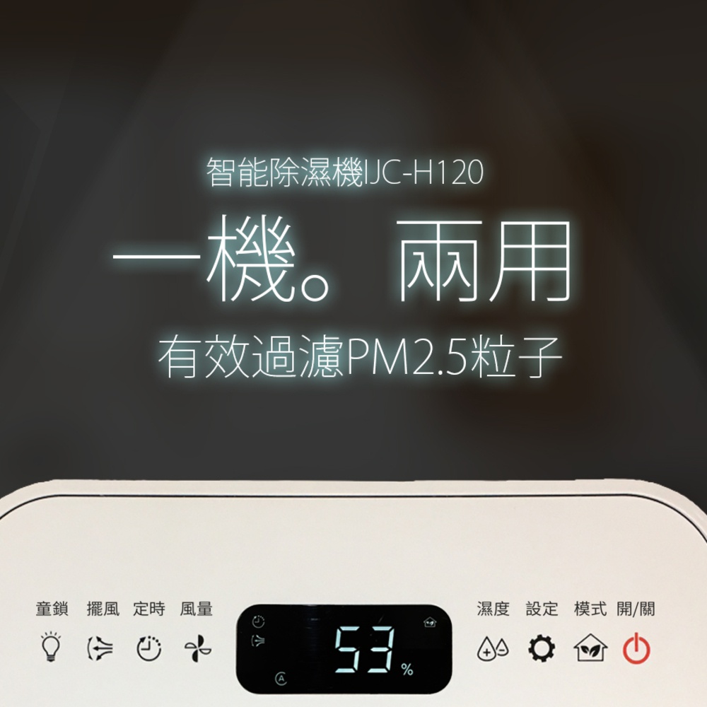 智能除濕機 IJC-H120，一機兩用，有效過濾PM2.5粒子，顯示53%濕度