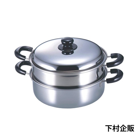 銀色不鏽鋼雙層蒸氣料理鍋，鍋身圓潤，配有兩個黑色隔熱手柄和一個黑色鍋蓋提手。