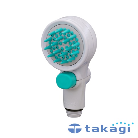 白色寵物美容蓮蓬頭，帶有圓形噴頭，內嵌多個淺綠色按摩噴嘴，下方有一個淺綠色按鈕，整體為塑膠材質。