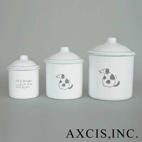 三件白色琺瑯儲物罐，罐身印有灰色手繪狗圖案，其中一個罐子還印有英文文字。