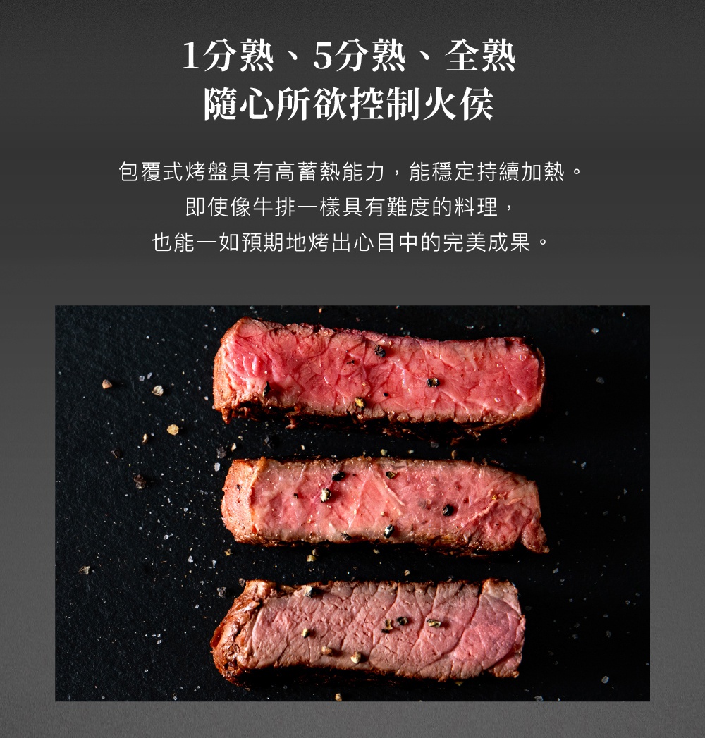 三塊切片的牛排，表面撒有黑胡椒粒和鹽粒，呈現不同熟度：一分熟、五分熟、全熟。