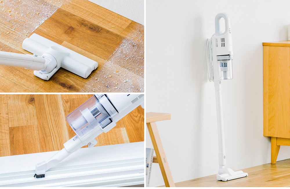 白色輕巧無線吸塵器，展示其吸塵頭清潔木質地板上的灰塵顆粒，以及吸塵器本體與配件。