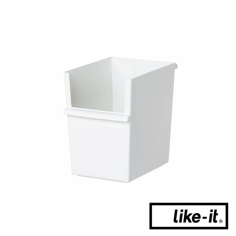 白色塑膠製高款窄型收納盒，側面有開放式開口，適合堆疊整理。