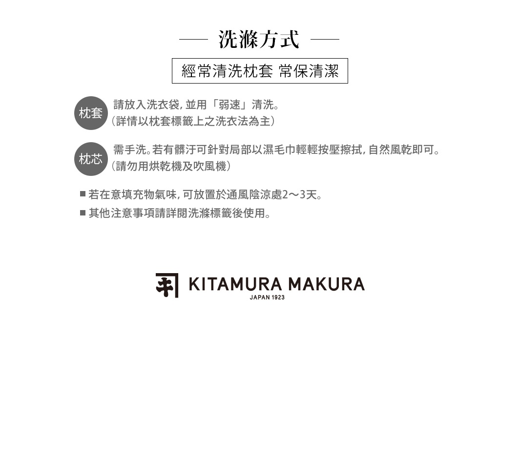 洗滌方式說明，包括枕套的機洗建議及枕芯的手洗與風乾方式。