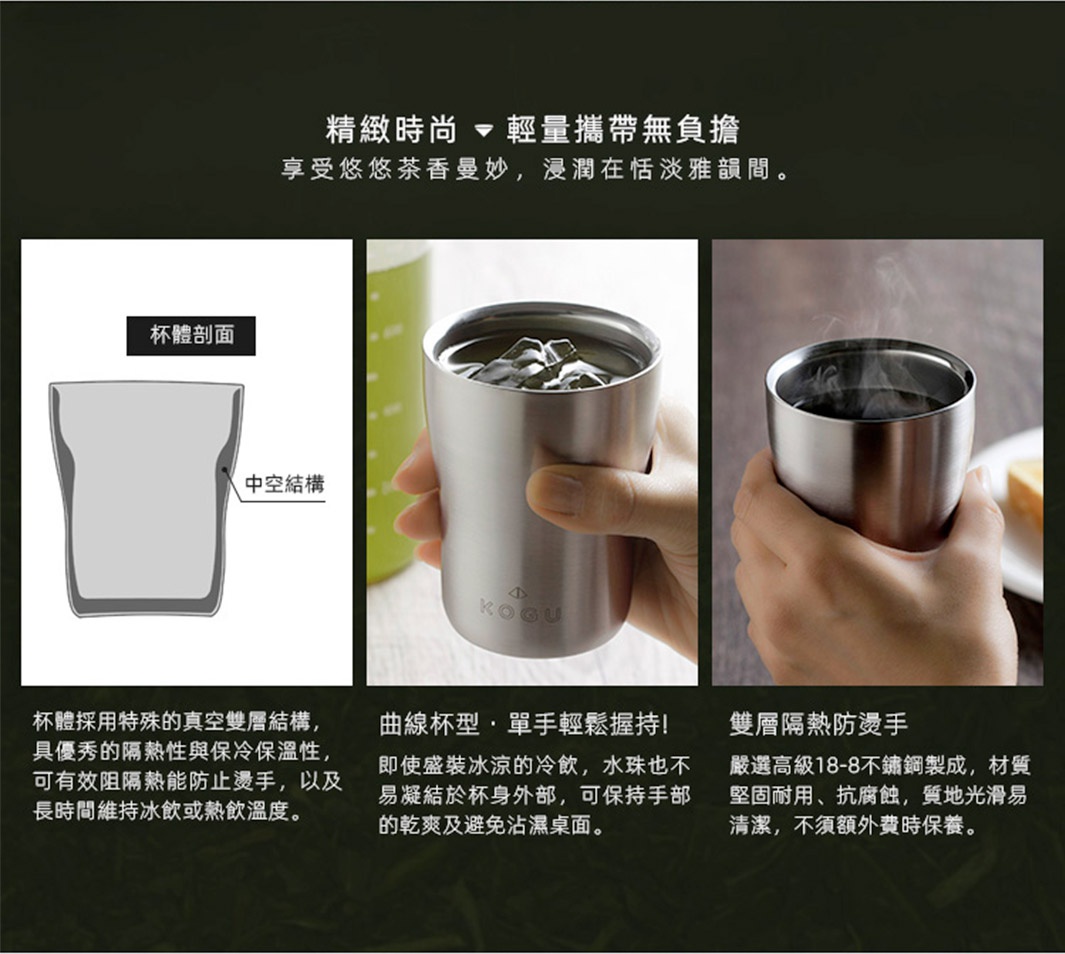 日製18-8不鏽鋼雙層隔熱保冰隨行杯，銀色，杯身有KOGU標誌，左側為杯體剖面圖，中間及右側為手持杯子的特寫。
