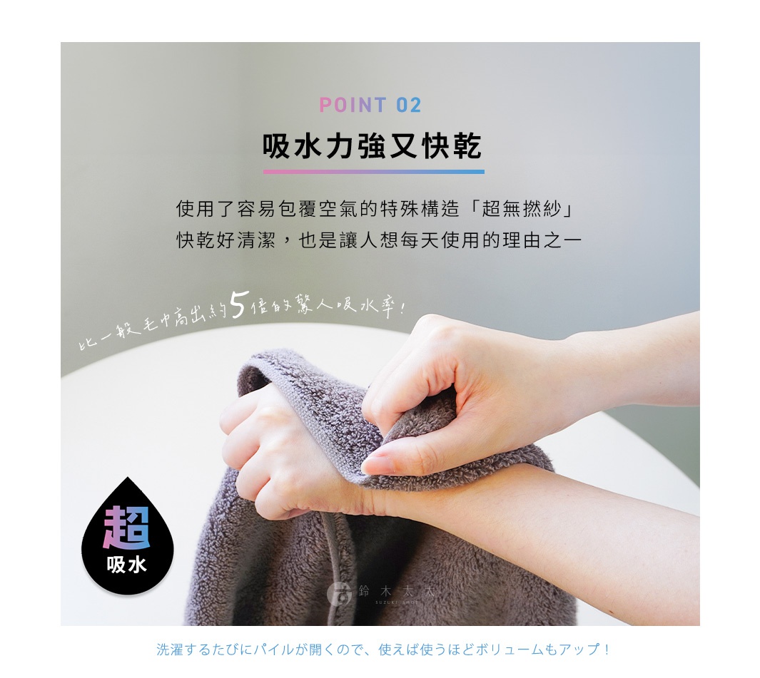 野村毛巾 YABAI 水漾瞬吸厲害毛巾，強調其超強吸水力與快乾特性，搭配超無撚糸特殊結構，吸水力約為一般毛巾的五倍，並附有「超吸水」圖標。