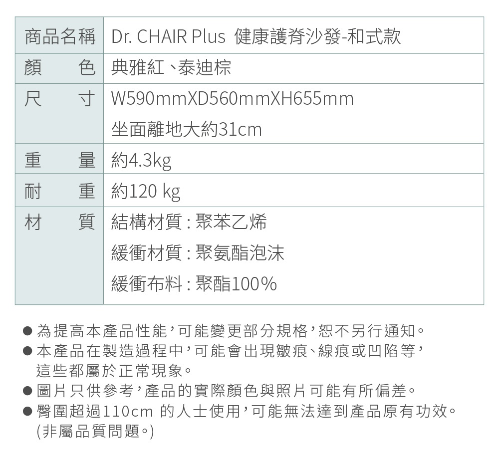 Dr. Chair Plus 舒適立腰調整椅(加高款)，顏色為典雅紅、泰迪棕，尺寸為W590mmXD560mmXH655mm，坐面離地約31cm。結構材質為聚苯乙烯，緩衝材質為聚氨酯泡沫，緩衝布料為聚酯纖維100%。