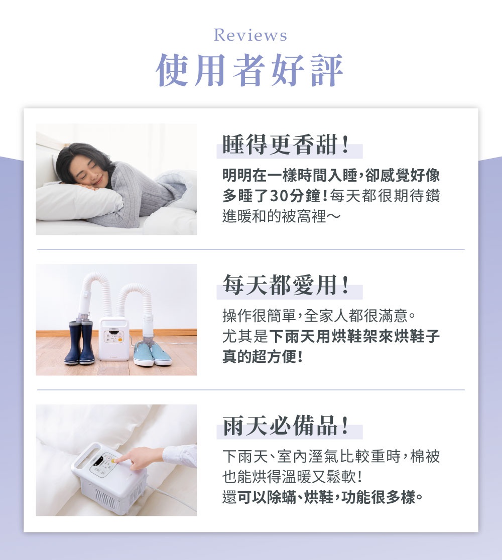 白色雙筒強力烘被機 FK-W1，附有兩個白色軟管，分別連接一雙藍色靴子和一雙藍色運動鞋。