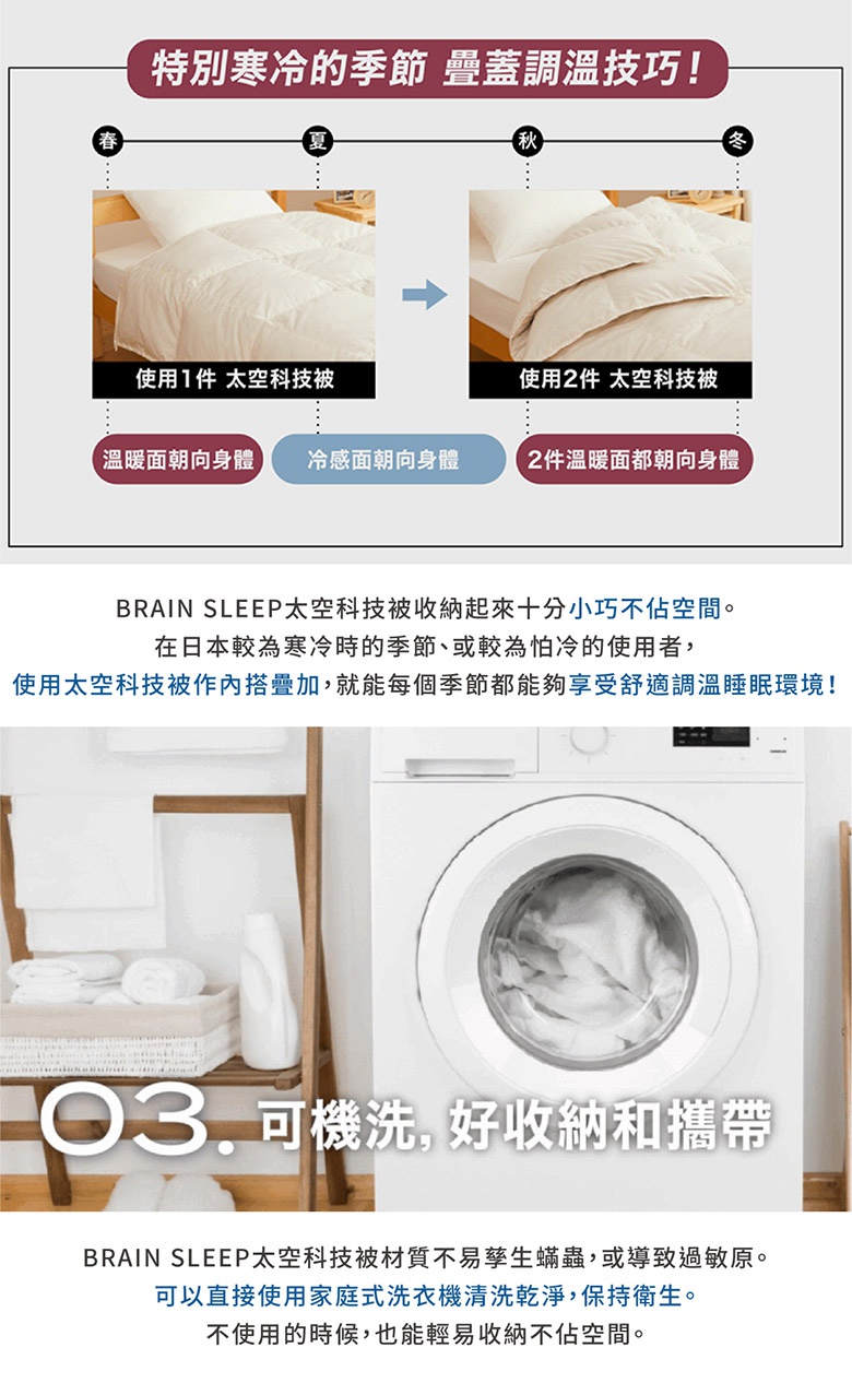 太空科技調溫被，雙人尺寸，白色，棉質，展示單件與雙件被子疊加的使用情境，以及洗衣機清洗的畫面。