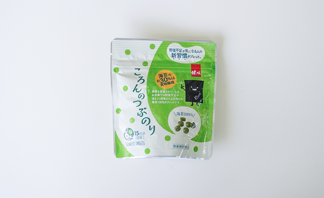 鍵庄出品的超微粉海苔錠，含有約30%海苔製成的食物纖維，每包15日份，適合飲食中蔬菜攝取不足者。