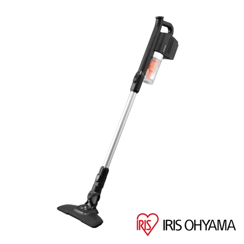 展示一支組合式的黑色與銀色無線手持吸塵器，配有黑色吸頭，集塵筒為透明材質，內有橘色濾網。