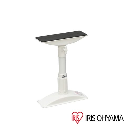 白色傢俱防倒伸縮固定棒，頂部有黑色防滑墊，支架可調節高度，配有白色底座。