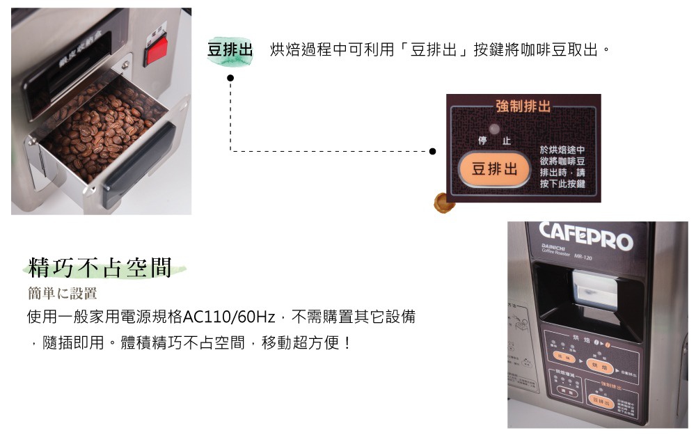生豆烘焙機 MR-120，展示有裝滿淺棕色咖啡豆的銀色金屬豆槽，以及帶有「豆排出」按鈕的控制面板。