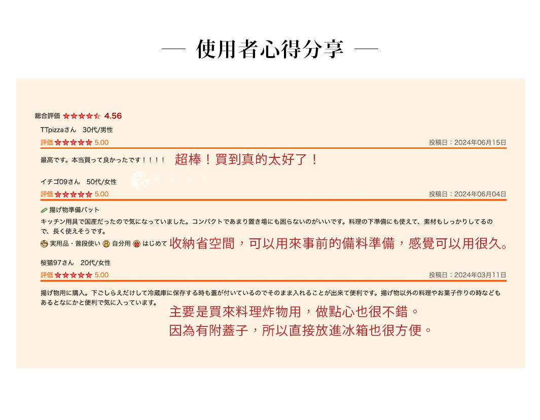 超棒！買到真的太好了！

收納省空間，可以用來事前的備料準備，感覺可以用很久。

主要是買來料理炸物用，做點心也很不錯。因為有附蓋子，所以直接放進冰箱也很方便。
