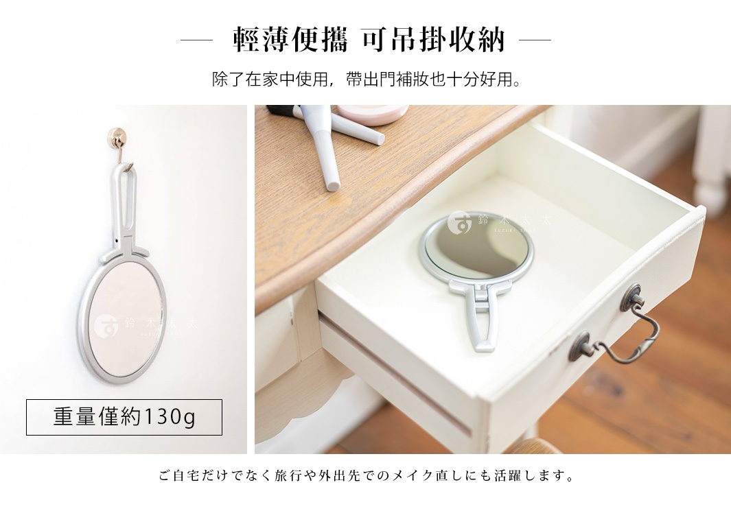 手持鏡子掛在牆上，另一張圖顯示鏡子放在抽屜裡，旁邊有化妝刷，圖片下方有中文和日文說明，以及「重量僅130g」的標籤。