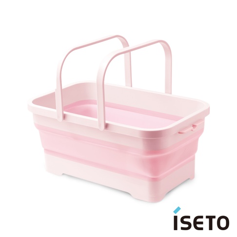 粉紅色伸縮提籃，採用可摺疊設計，有兩個提把，底部有四個支撐腳，由塑膠材質製成。