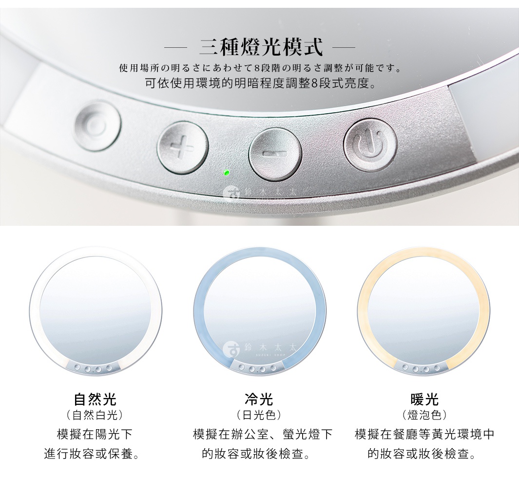三種燈光模式
可依使用環境的明暗程度調整8段式亮度。
自然光（自然白光）：模擬在陽光下進行妝容或保養。
冷光（日光色）： 模擬在辦公室、螢光燈下的妝容或妝後檢查。
暖光（燈泡色）：模擬在餐廳等黃光環境中的妝容或妝後檢查。
