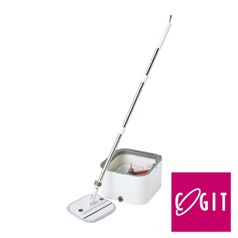 一組COGIT品牌白色360度旋轉拖把組，包含一支可伸縮的金屬桿拖把、方形拖把頭及配套的白色方形清潔桶，桶內設有橘色刮水與清潔裝置，右下角附有COGIT品牌標誌。