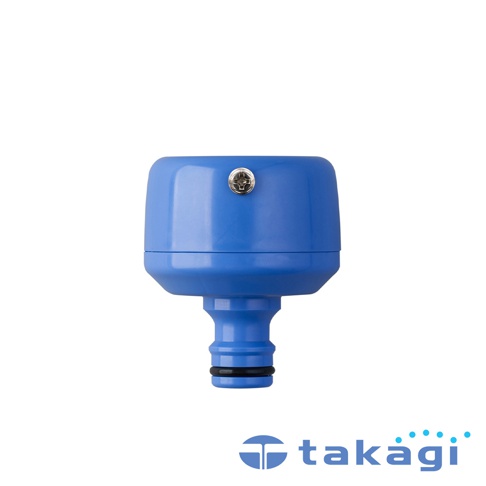 藍色塑膠製水龍頭接頭，頂部有銀色螺絲，下方有黑色密封圈，適合連接花園軟管。