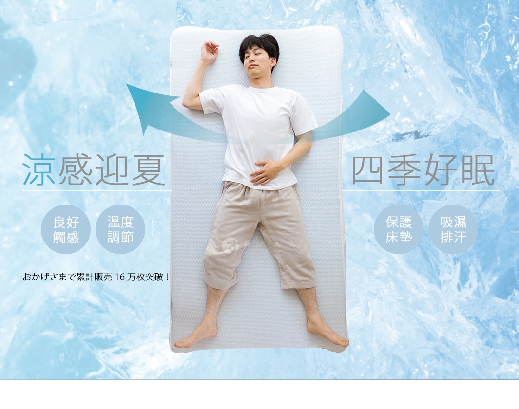 一名男性側臥於淺藍色紋理的SALAF COOL極致涼感透氣單人睡墊上，睡墊整體呈白色。背景為冰塊紋理，並有藍色箭頭和文字「涼感迎夏」、「四季好眠」。
