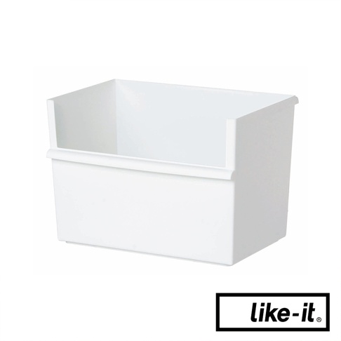 白色塑膠製可堆疊寬型整理收納盒，高款設計，開放式開口，邊緣有圓弧形狀，適合居家或辦公室收納。