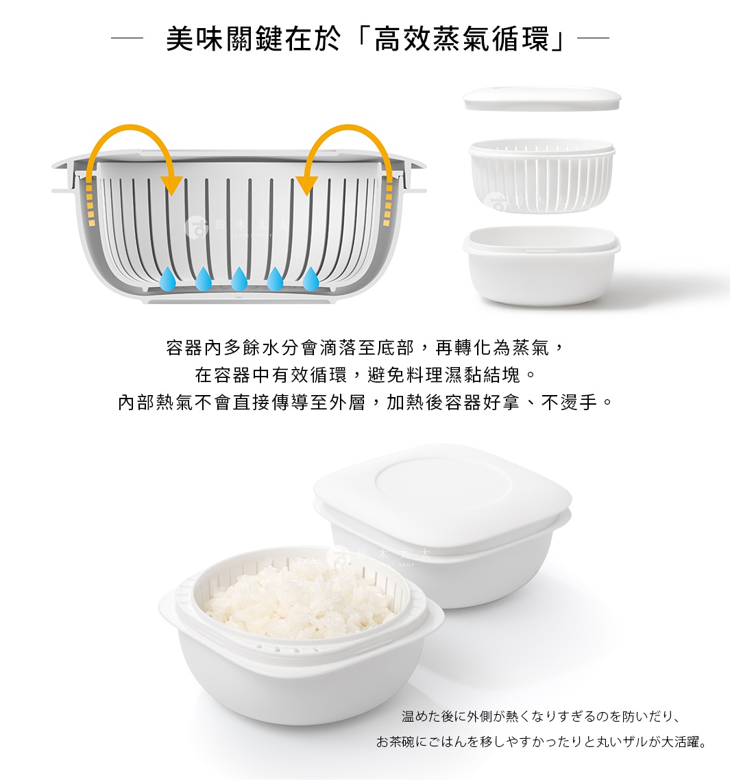美味關鍵在於「高效蒸氣循環」

容器內多餘水分會滴落至底部，再轉化為蒸氣，在容器中有效循環，避免料理濕黏結塊。內部熱氣不會直接傳導至外層，加熱後容器好拿、不燙手。

温めた後に外側が熱くなりすぎるのを防いだり、お茶碗にごはんを移しやすかったりと丸いザルが大活躍。
