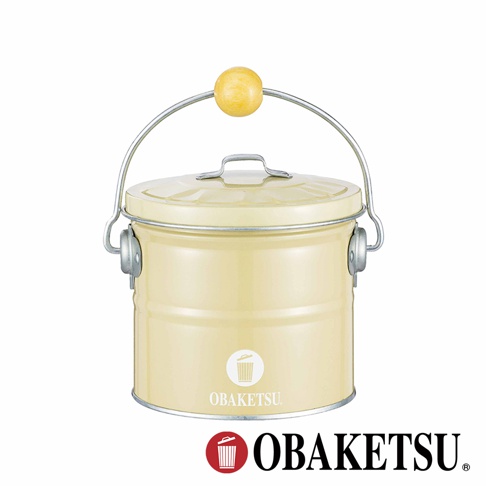 OBAKETSU 品牌黃色手工製蚊香桶，附有木質提把和蓋子，桶身有品牌標誌。