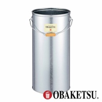 OBAKETSU 品牌手工製作的銀色金屬傘桶，帶有木製提把和貼紙標籤，下方有品牌標誌。