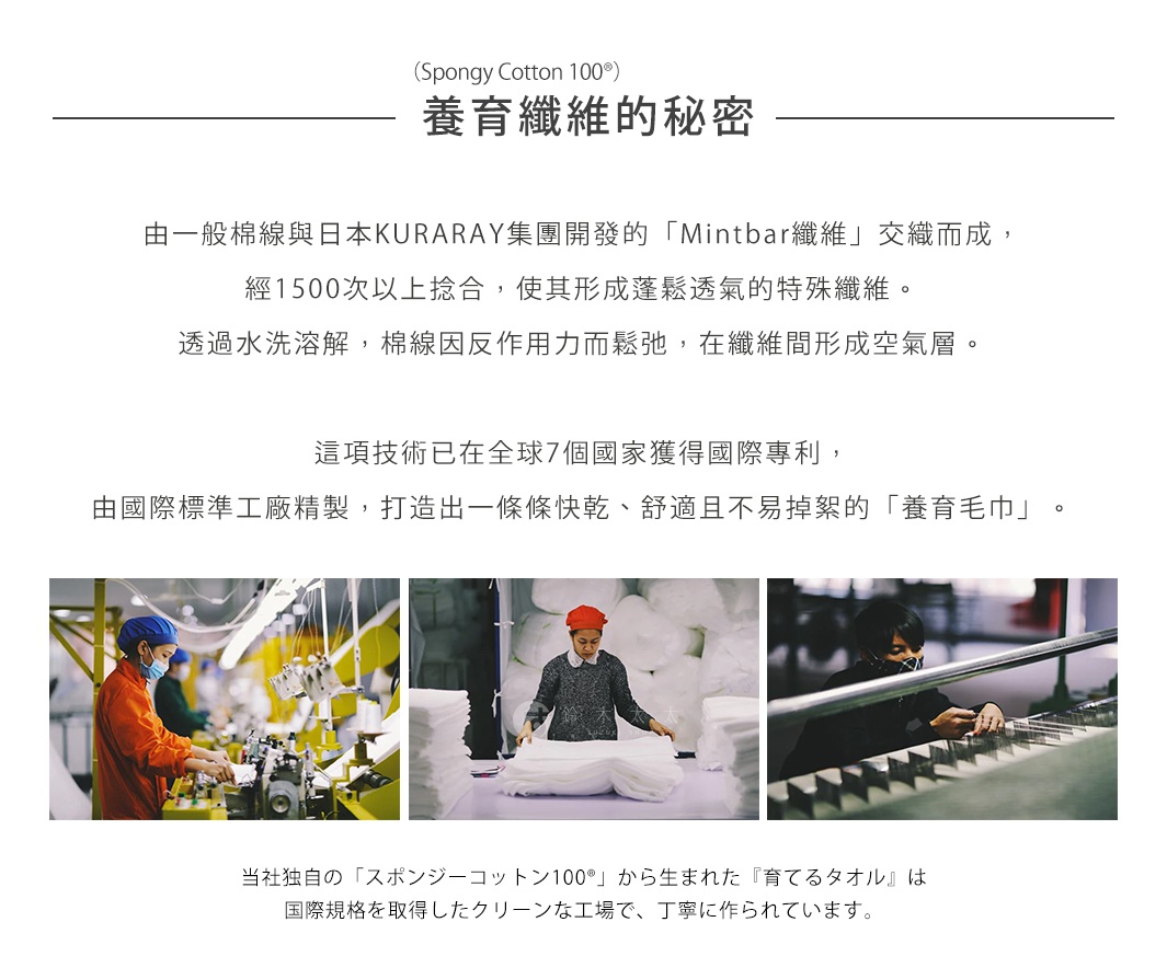 養育纖維（Spongy Cotton 100®）的秘密

由一般棉線與日本KURARAY集團開發的「Mintbar纖維」交織而成，
經1500次以上捻合，使其形成蓬鬆透氣的特殊纖維。
透過水洗溶解，棉線因反作用力而鬆弛，在纖維間形成空氣層。

這項技術已在全球7個國家獲得國際專利，
由國際標準工廠精製，打造出一條條快乾、舒適且不易掉絮的「養育毛巾」。

当社独自の「スポンジーコットン100®」から生まれた『育てるタオル』は国際規格を取得したクリーンな工場で、丁寧に作られています。
