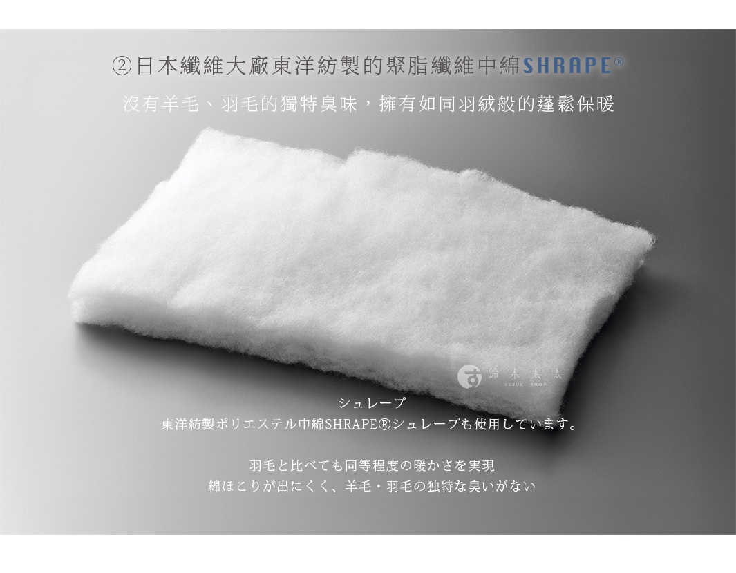 白色蓬鬆的聚酯纖維填充物，質地柔軟，呈現獨立筒雙層結構，無羊毛或羽毛的異味，提供如羽絨般的蓬鬆保暖。