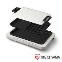 左右溫控電烤盤 WHP-012，展示了白色上蓋、黑色烤盤和章魚燒烤盤，烤盤由黑色材質製成，電烤盤主體為白色，整體設計簡潔。