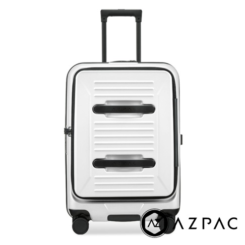 這是一款銀白色系的AZPAC 25吋前開口煞車行李箱，正面設有兩個黑色橫向手把，並刻有品牌名稱。箱體採用直條紋路設計，配備黑色伸縮拉桿與底部滾輪，整體外觀呈現簡約俐落的現代商務風格。