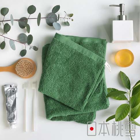 綠色精梳棉毛巾，質地柔軟，旁邊擺放著牙膏、兩支牙刷、一個木質沐浴刷、一塊圓形香皂、一個白色皂液器，以及綠色植物葉片裝飾。