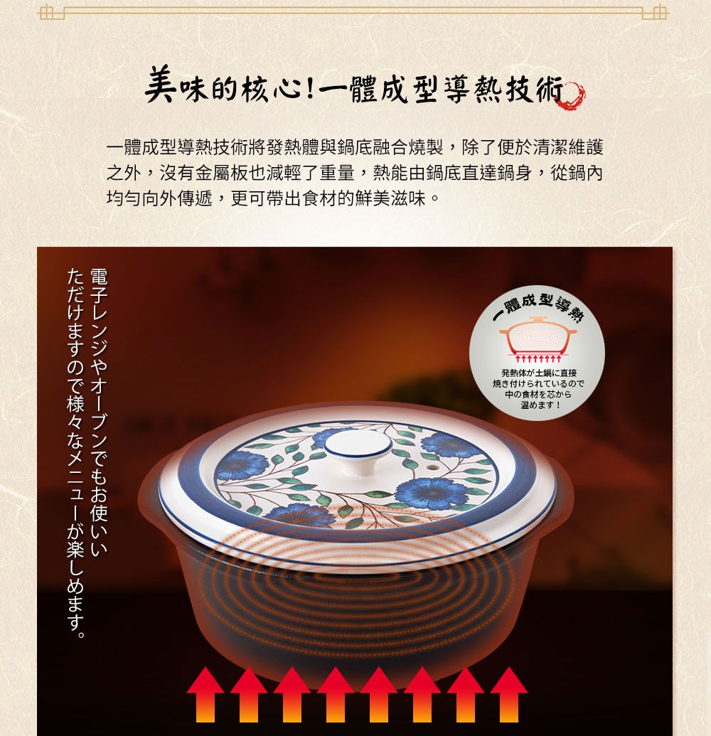 藍彩富貴菊紋樣的陶瓷湯鍋，鍋蓋與鍋身為一體成型設計，呈現傳統日式風格，鍋身帶有藍色花卉圖案。