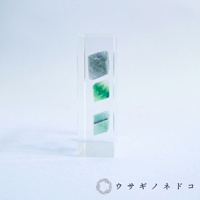 透明樹脂塊內嵌三塊不同深淺綠色螢石切片標本，呈現八面體晶體結構。