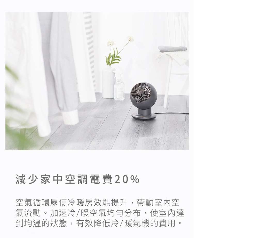 深灰色小型空氣循環扇，圓形扇頭，黑色底座，放置於木紋地板上，背景有衣物和裝飾。