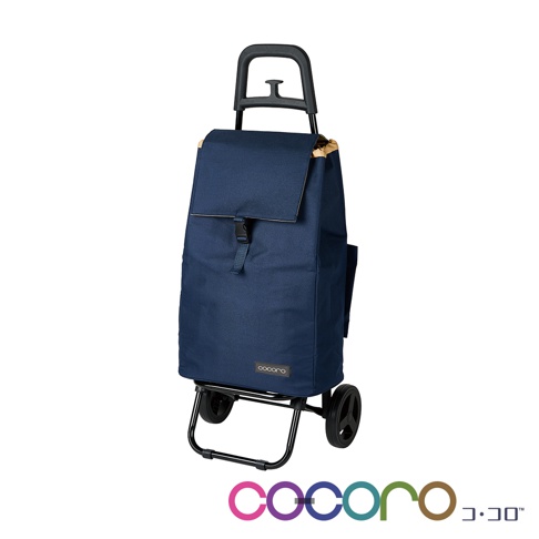 深藍色輕量折疊購物車，配有黑色可伸縮手柄和兩個黑色輪子。購物車主體為深藍色布料，頂部有卡扣閉合設計，側面有網袋，底部框架為黑色金屬。