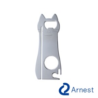 銀色金屬製成的貓形開罐器，具備瓶蓋開啟口、鋸齒狀開罐槽和鉤狀開罐器。