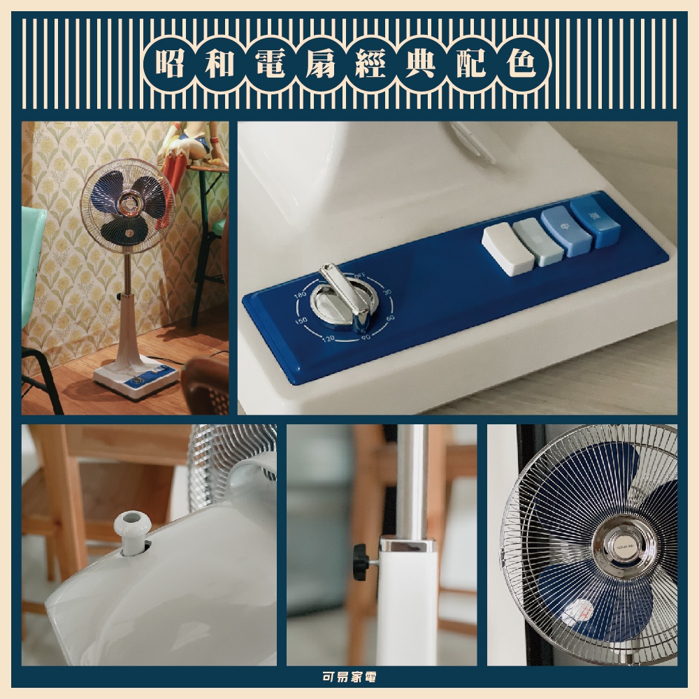 復古藍白配色 12 吋立扇，金屬扇葉與網罩，塑膠底座和支架，設有旋鈕式定時器及三個按鈕。