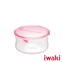 耐熱玻璃圓形保鮮盒，透明玻璃盒身，搭配粉紅色透明塑膠蓋，蓋子上有「PACK&RANGE」字樣。