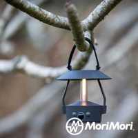 一個深灰色、復古風格的 LED 燈籠，頂部有圓形傘蓋，下方是透明的燈管，中間夾著橘黃色燈光，底部有兩個按鈕和一個標有「AUTO」的旋鈕，燈籠透過黑色織帶吊掛在樹枝上。