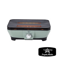 薄荷綠色迷你烤盤，黑色烤網，底部有銀色旋鈕及「切、弱火、減煙、強火」字樣。