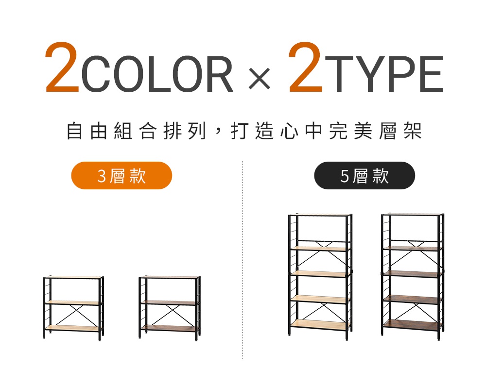 圖片文字：2COLOR × 2TYPE 自由組合排列，打造心中完美層架 3層款 5層款