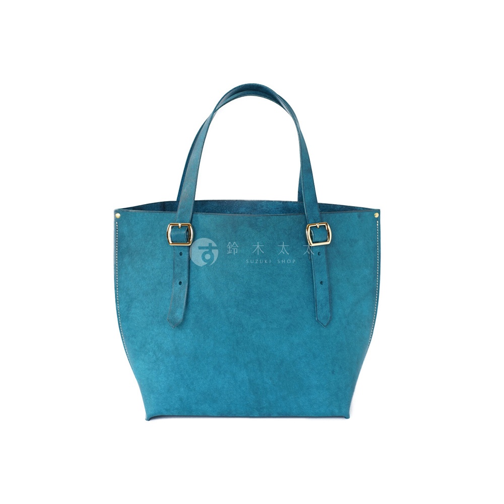 北海道KASANE職人手作義大利Margot皮革托特包，藍綠色，帶有金色釦環裝飾。
