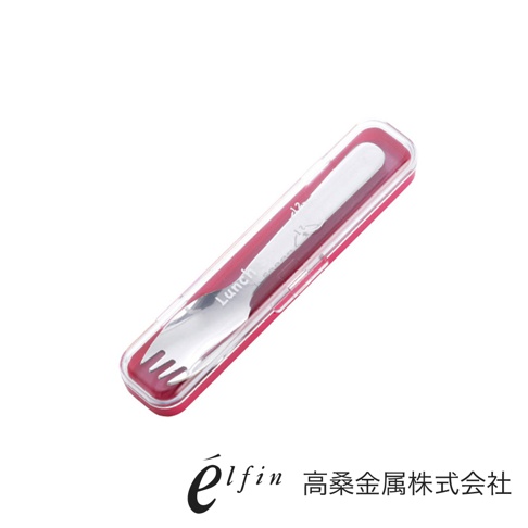 日製不鏽鋼叉匙組，銀色金屬材質，內含叉子與湯匙，附透明塑膠收納盒，盒蓋為紅色。