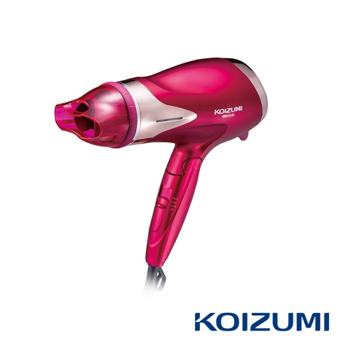 亮粉色Koizumi極潤雙倍負離子毛麟修護吹風機KHD-G120，機身呈現金屬光澤，風口為透明粉紅色，握柄處有銀色飾條，並設有三段式風力與冷風開關。