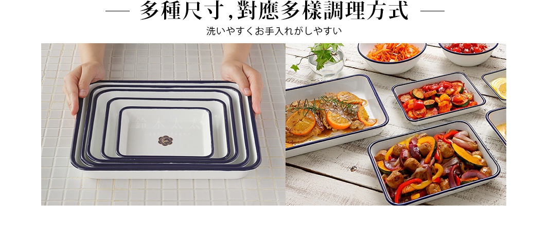 白色琺瑯材質的方形調理盤，邊緣有藍色滾邊，展示不同尺寸疊放，右側為裝有烤蔬菜、烤雞腿與番茄料理的調理盤。