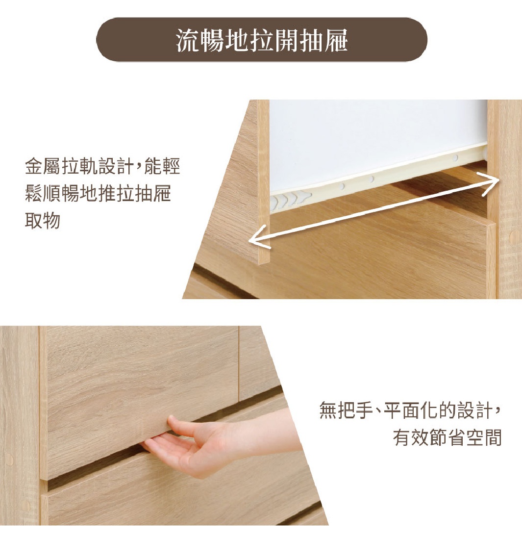木製收納櫃展示抽屜滑軌與無把手設計，淺木色紋理，簡潔實用。