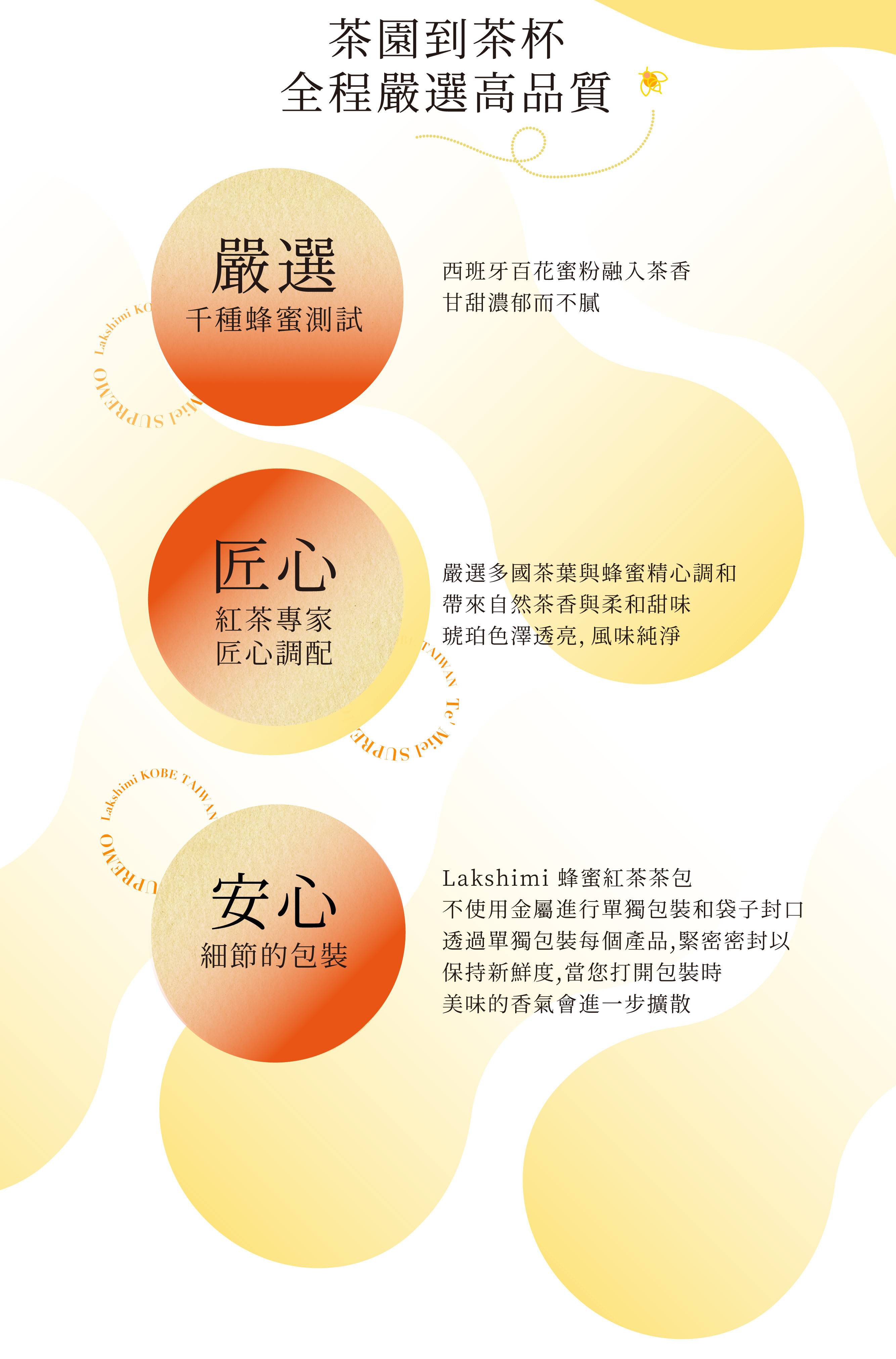 茶園到茶杯 全程嚴選高品質 嚴選 千種蜂蜜測試 匠心 紅茶專家 匠心調配 西班牙百花蜜融入茶香 甘甜濃郁而不膩 Lakshmi 蜂蜜紅茶包 不使用金屬進行單獨包裝和袋子封口 透過單獨包裝每個產品,緊密密封以 保持新鮮度,當您打開包裝時 美味的香氣會進一步擴散 安心 細節的包裝